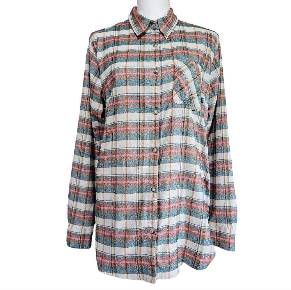 Outdoor Research Kulshan Flannel Tunic in Sand Plaid Cream Green Red Button-down